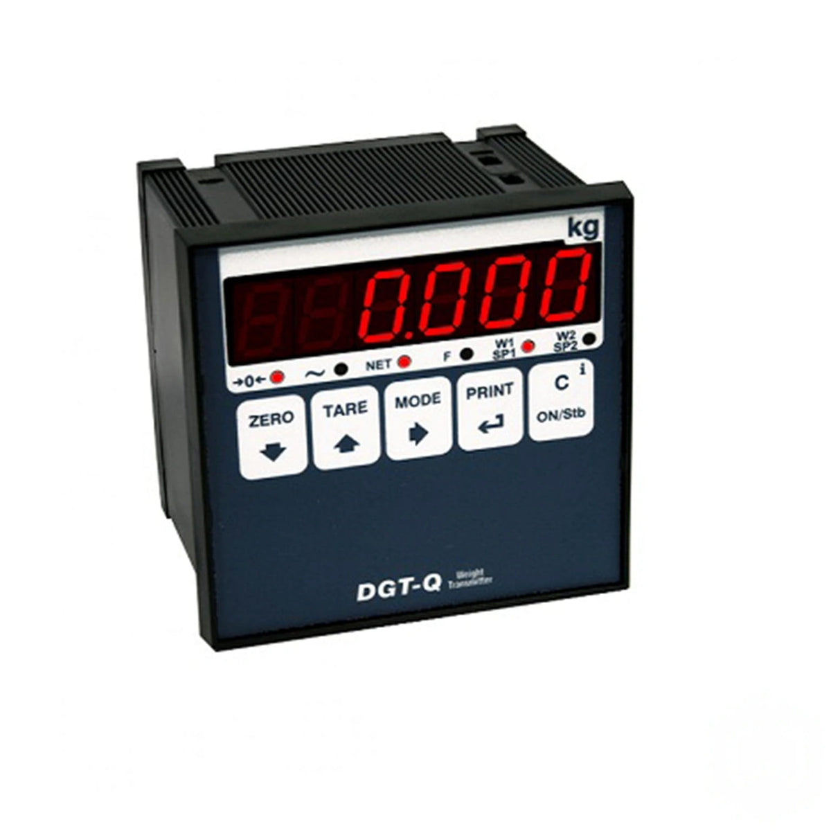 Black dgt-q digital weight scale with red led display showing ’0.000’’ and white function buttons labeled zero, tare, mode, print, c, on/stb