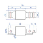 Technical drawing of a mechanical component with precise dimensional annotations and threaded hole specifications