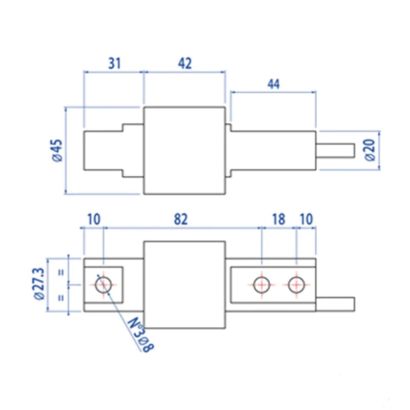 Technical drawing of a mechanical component with precise dimensional annotations and threaded hole specifications