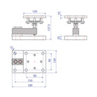 Gray metallic industrial mounting bracket with precise dimensional annotations and threaded bolt holes