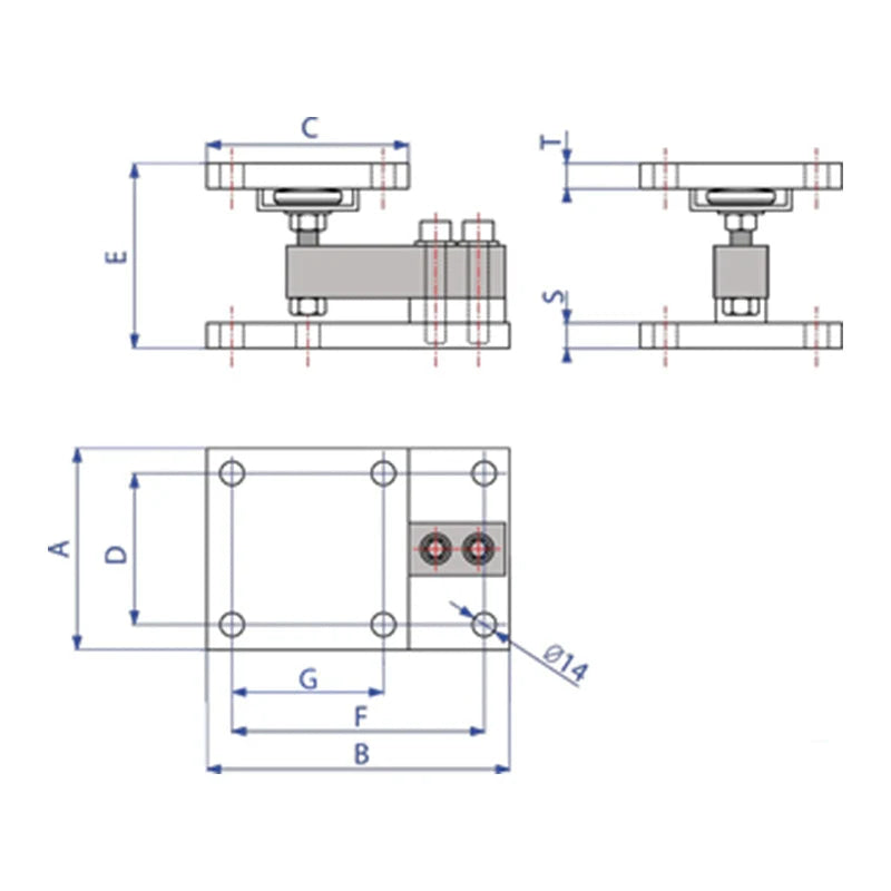 Gray metallic industrial mounting bracket with precise dimensional annotations and threaded fasteners