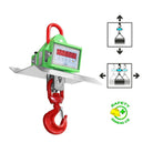 Green digital hanging scale with red hook and display