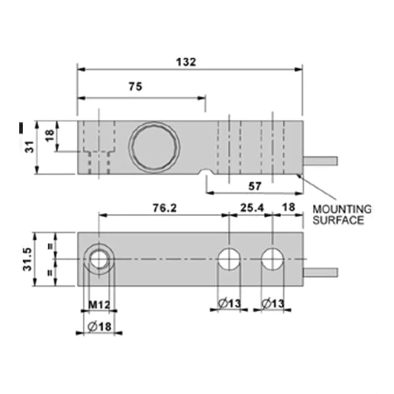 Gray metallic mounting bracket with precise dimensional markings and threaded holes for secure attachment