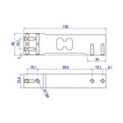 Metallic mechanical component with precise engineering, featuring a rectangular body with cutouts and threaded holes for mounting