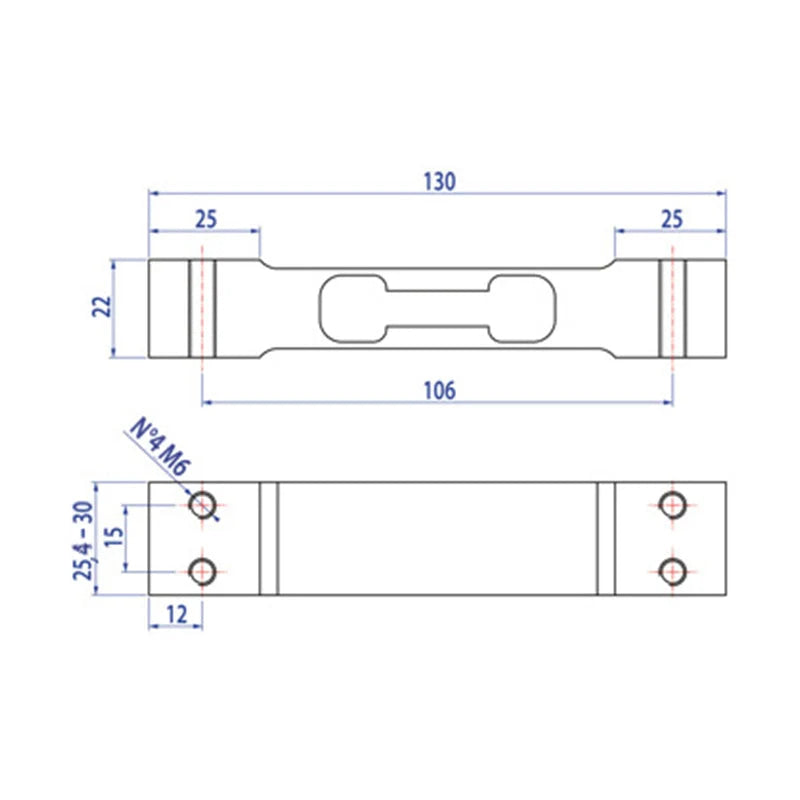 Technical drawing of a 130mm long metal bar with machined slots and threaded holes for n°4m6 fasteners