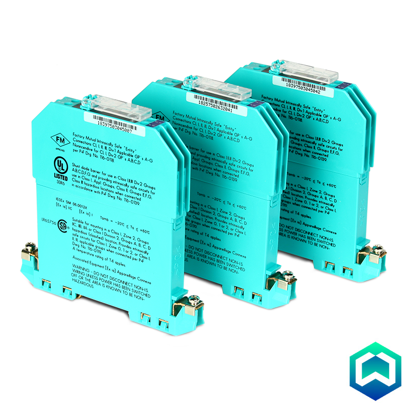 
Kit of three intrinsic protection Zener barriers, for connection of devices in ATEX area with devices in safe area, housed in an ABS box.