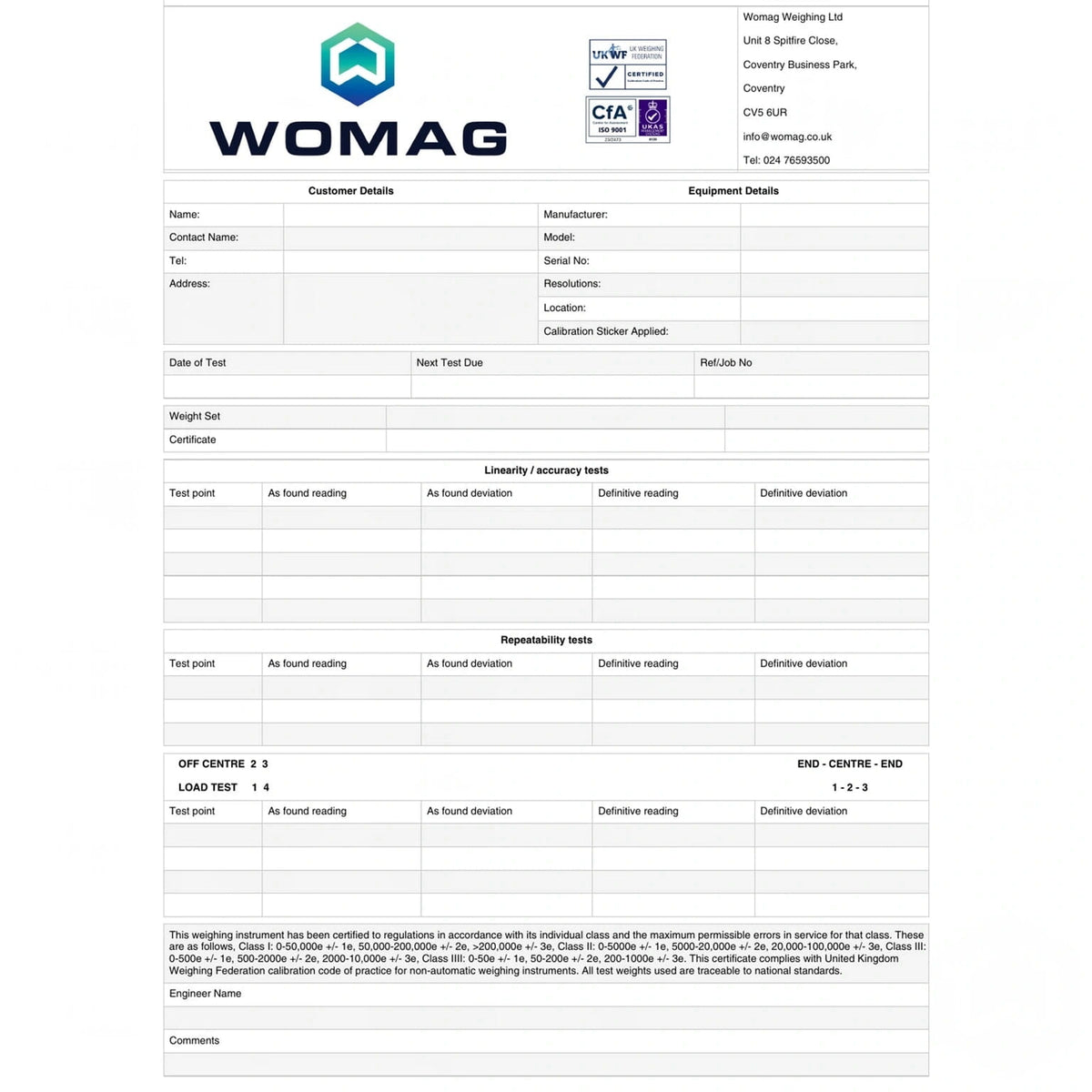 Womag calibration certificate for a precision weighing instrument