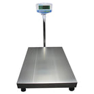 Industrial-grade stainless steel platform scale with a digital display and control panel