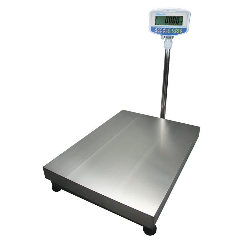 Industrial-grade stainless steel platform scale with a digital display and control panel