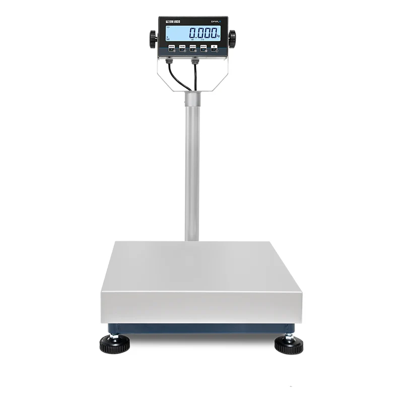 Silver digital platform scale with black adjustment knobs and a blue display screen